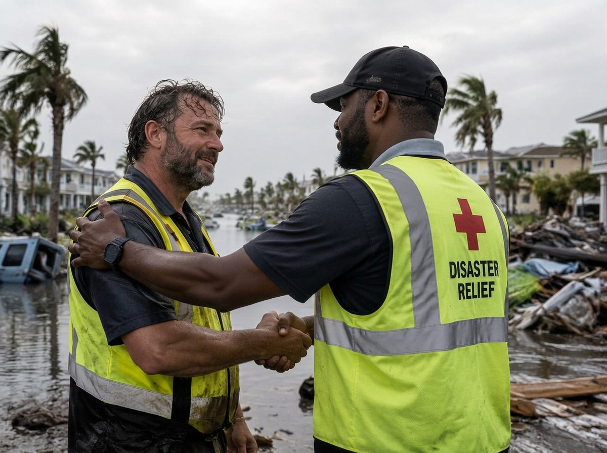 Two relief volunteers shaking hands in a storm-damaged neighbourhood