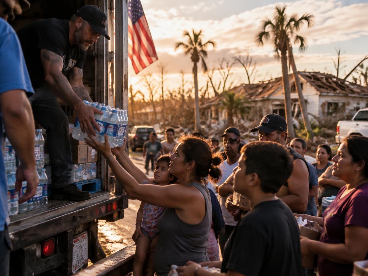 Volunteers handing water and supplies to families in a storm-damaged street